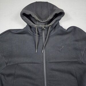Gymshark Hoodie Mens Medium Black Full Zip Hooded Longline Jacket Thumb Holes